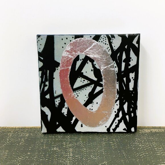 Miniature Square Gray Black Silver Leaf Branches Ink Drawing on Canvas Wall Art - Picture 7 of 16